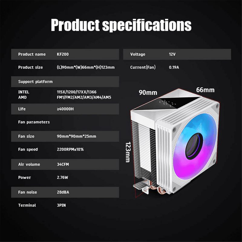 KF200 CPU Cooler ARGB Quiet Fan 2 Heat Pipes Air Radiator for FM1/FM2/