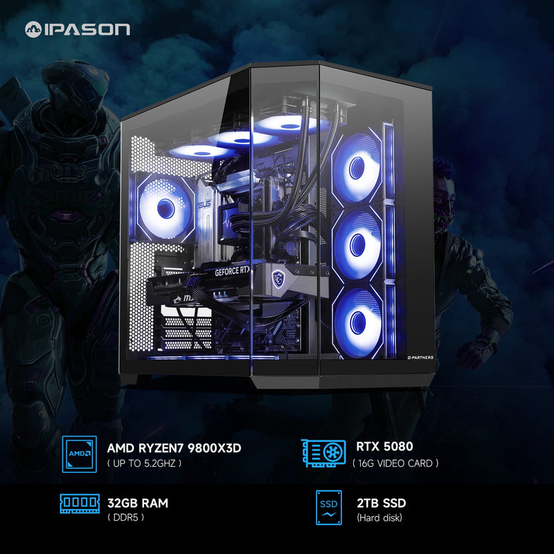 IPASON Gaming PC - AMD Ryzen 7 9800X3D, NVIDIA RTX 5080, 32GB DDR5, 2T
