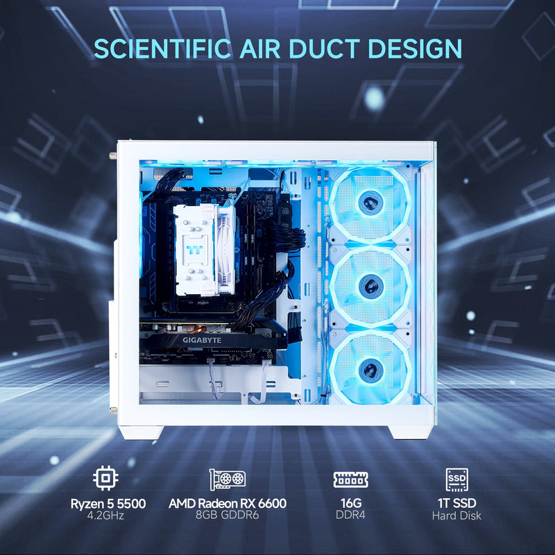 MLOONG PC Gamer Gaming Desktop, AMD Ryzen 5 5500, Radeon RX 6600 8GB,