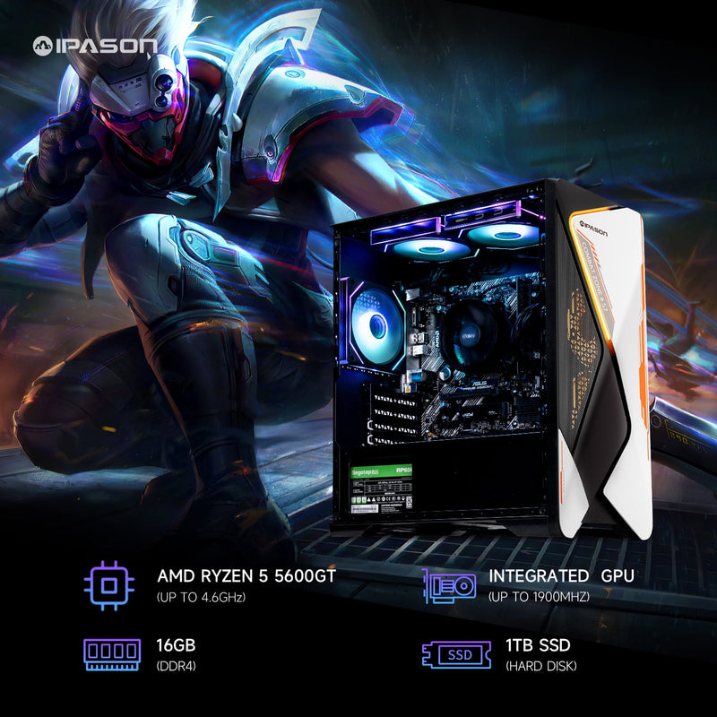 IPASON Gaming Desktop PC, AMD Ryzen 5 5600G(Upgrade to 5600GT), 1TB SS