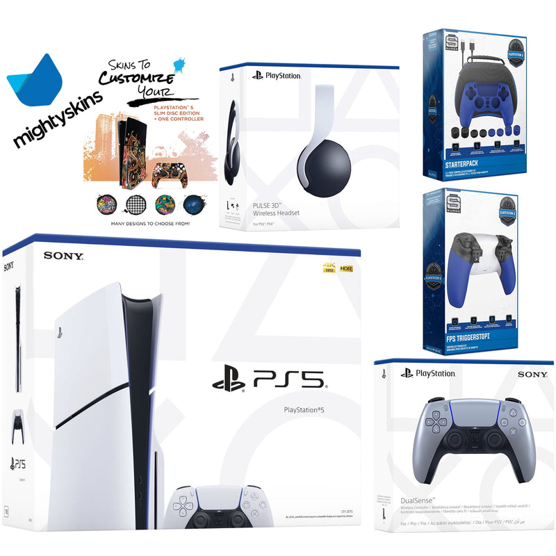 Sony Playstation 5 Slim Disc Bundle with White Pulse Headset, Extra Wh