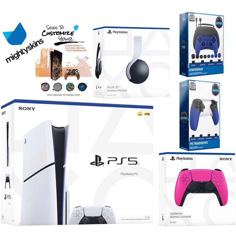 Sony Playstation 5 Slim Disc Bundle with White Pulse Headset, Extra Wh