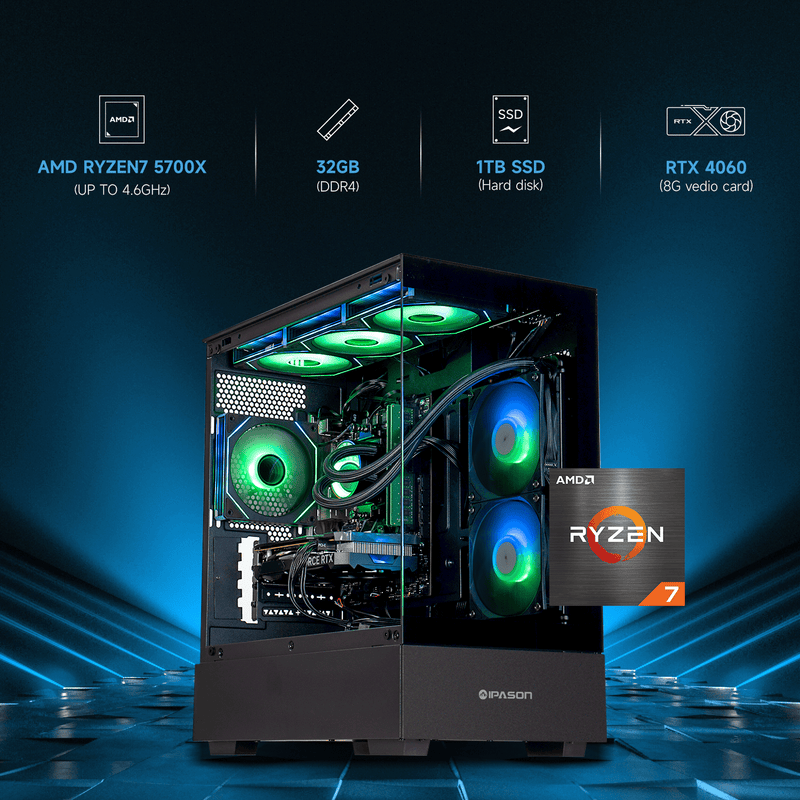 IPASON Gaming Desktop PC Ryzen7 5700X (8 Core up to 4.6GHz 7nm),32GB R