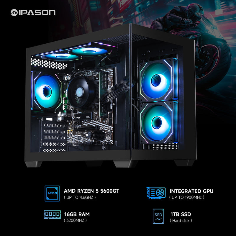 IPASON Gaming Desktop AMD Ryzen 5 5600GT (Beats Intel 10th-gen i7 & Lo